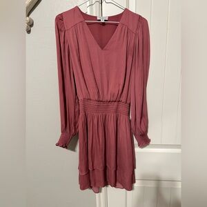 Evereve Dusty Rose Long Sleeve V-Neck Tiered Dress